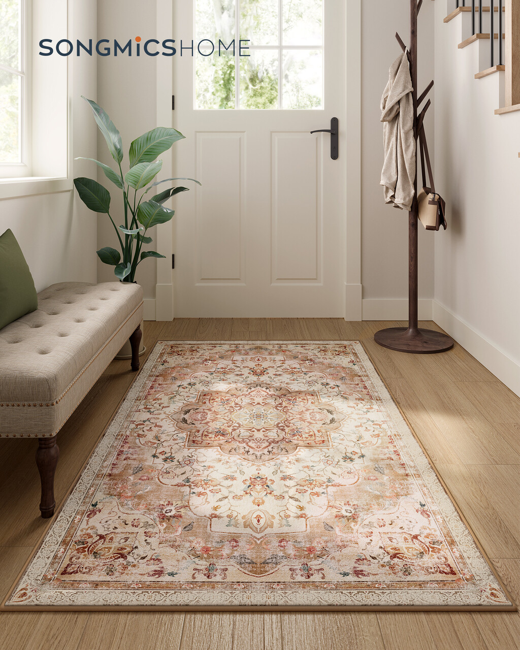 Covor antiderapant Songmics Vintage, 80x150 cm, lavabil la masina, poliester, cappuccino - imagine 7